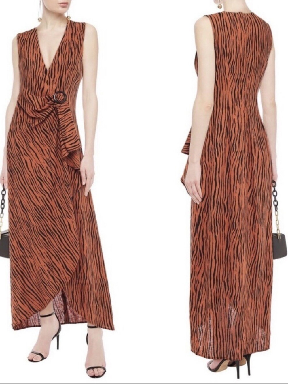 RONNY KOBO Tiger Print Linen Wrap Effect Animal Print Maxi Dress Sz Small